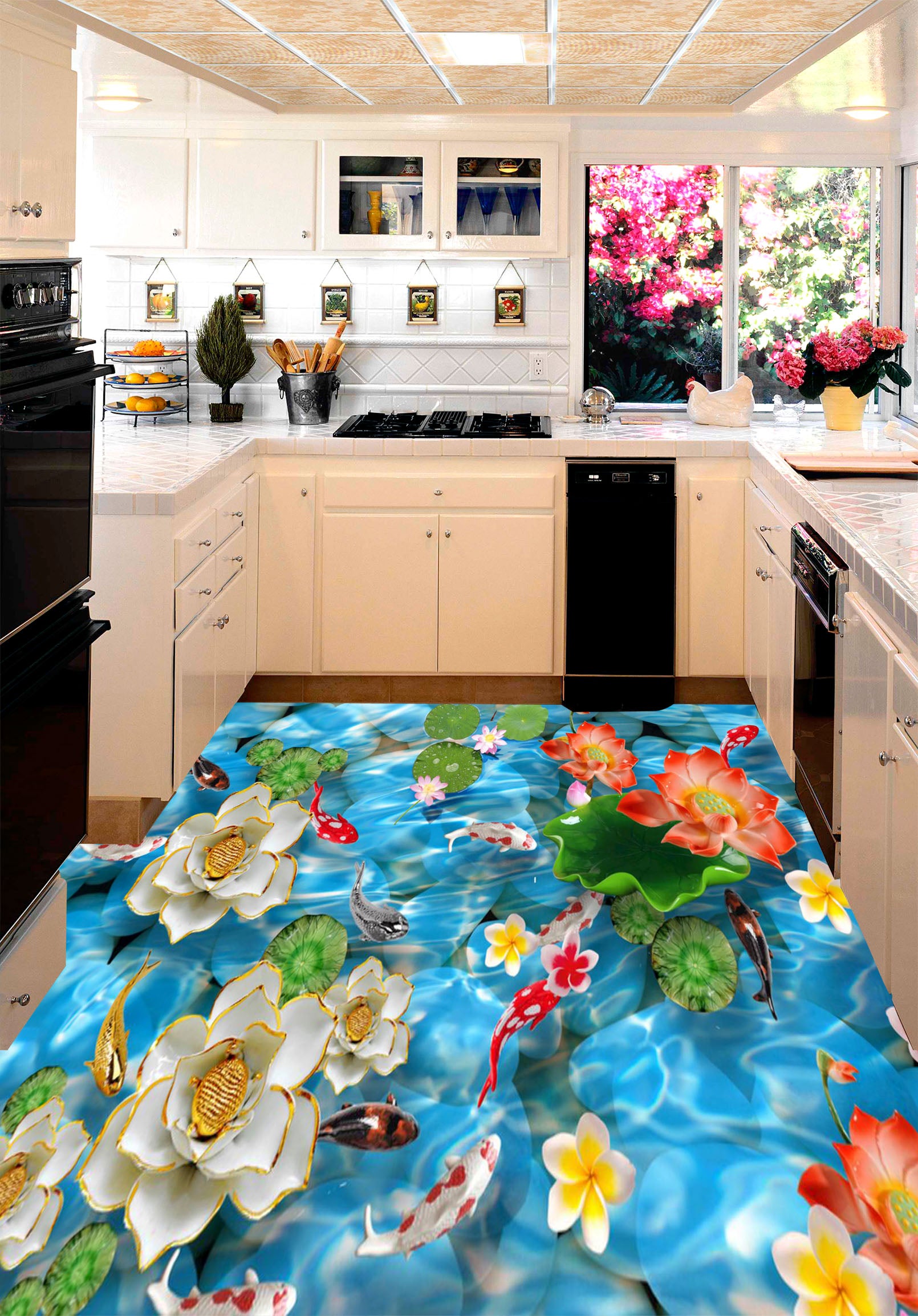 3D Red Lotus Pond 178 Floor Mural Self-Adhesive Sticker Bathroom Non-slip Waterproof Flooring Murals