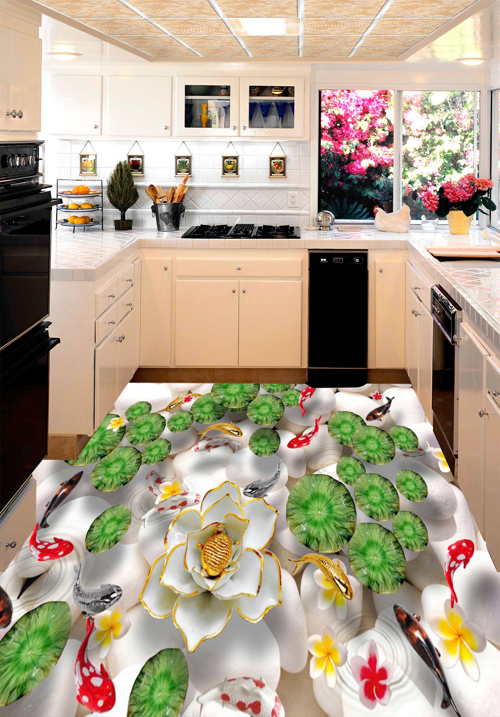 3D Lotus Leaf Koi 177 Floor Mural Self-Adhesive Sticker Bathroom Non-slip Waterproof Flooring Murals