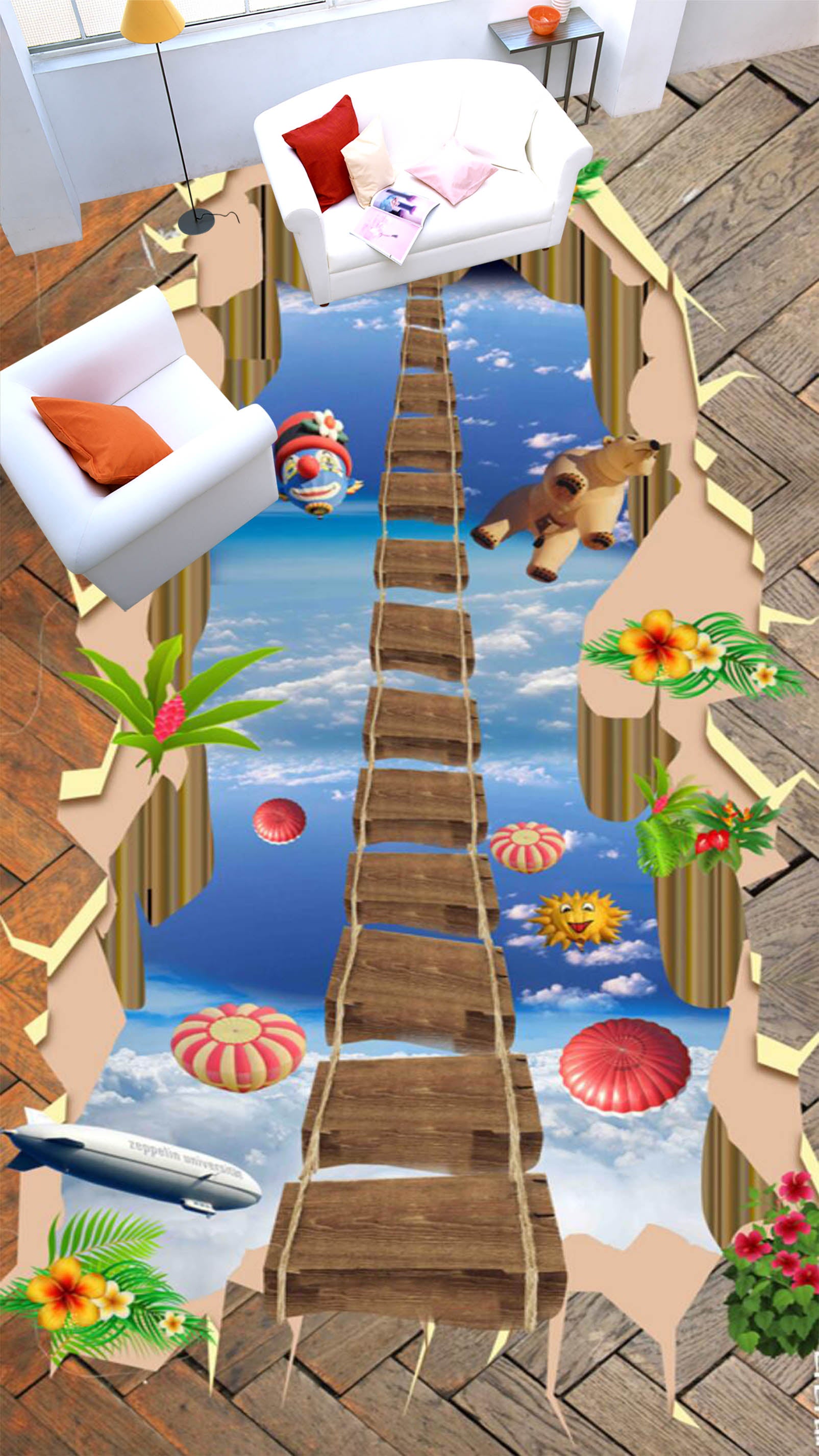 3D Sky Hot Air Balloon 127 Floor Mural Self-Adhesive Sticker Bathroom Non-slip Waterproof Flooring Murals