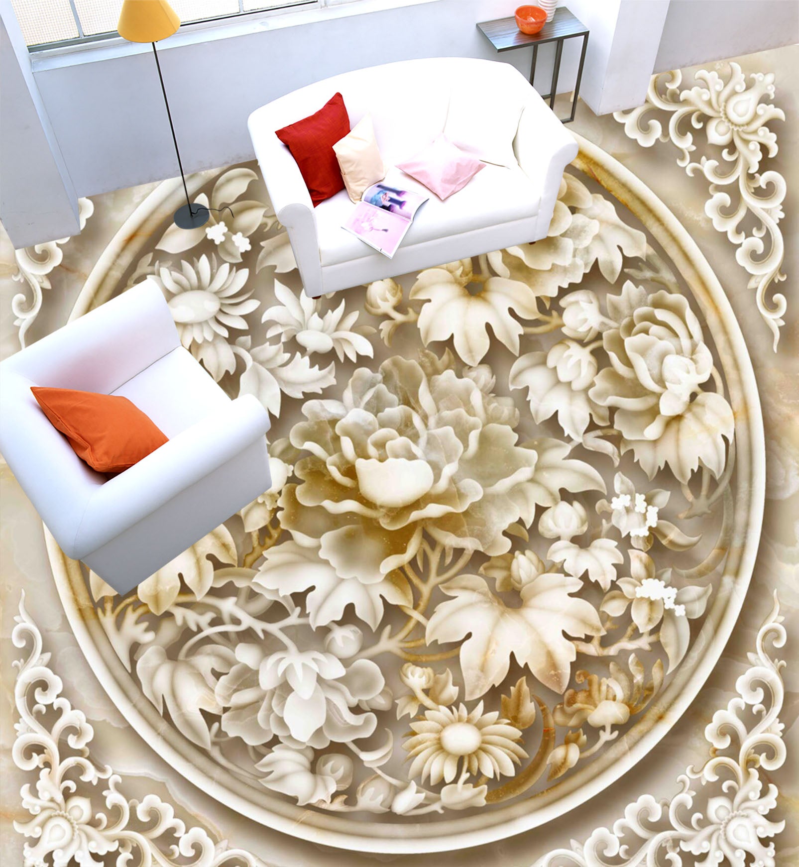 3D Elegant Flowers 144 Floor Mural Self-Adhesive Sticker Bathroom Non-slip Waterproof Flooring Murals