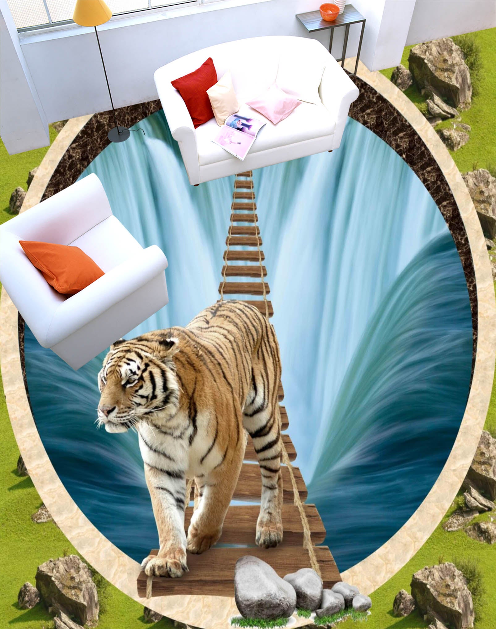 3D Wooden Bridge Tiger 112 Floor Mural Self-Adhesive Sticker Bathroom Non-slip Waterproof Flooring Murals