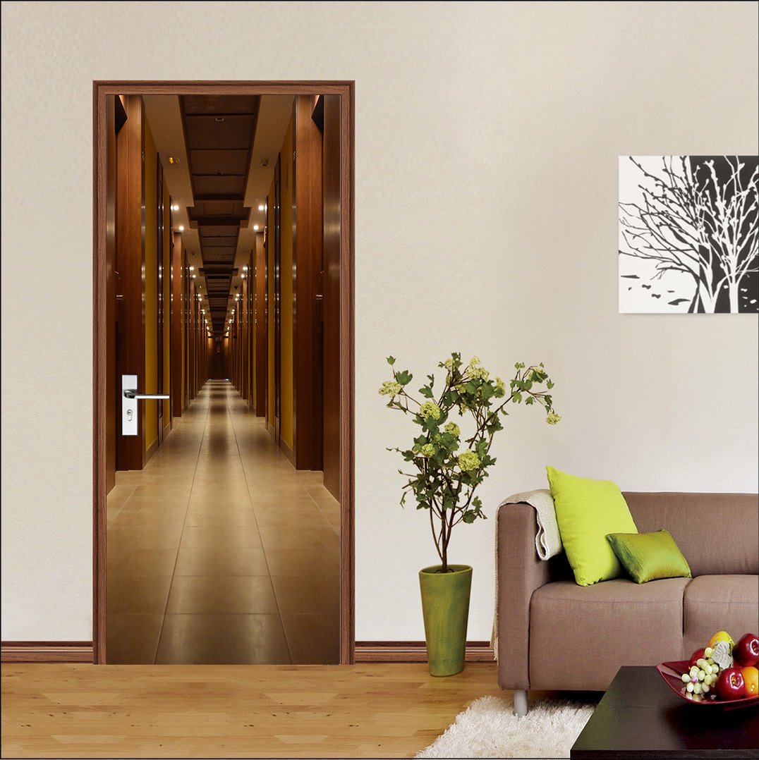 3D night lighting the Long corridor door mural Wallpaper AJ Wallpaper