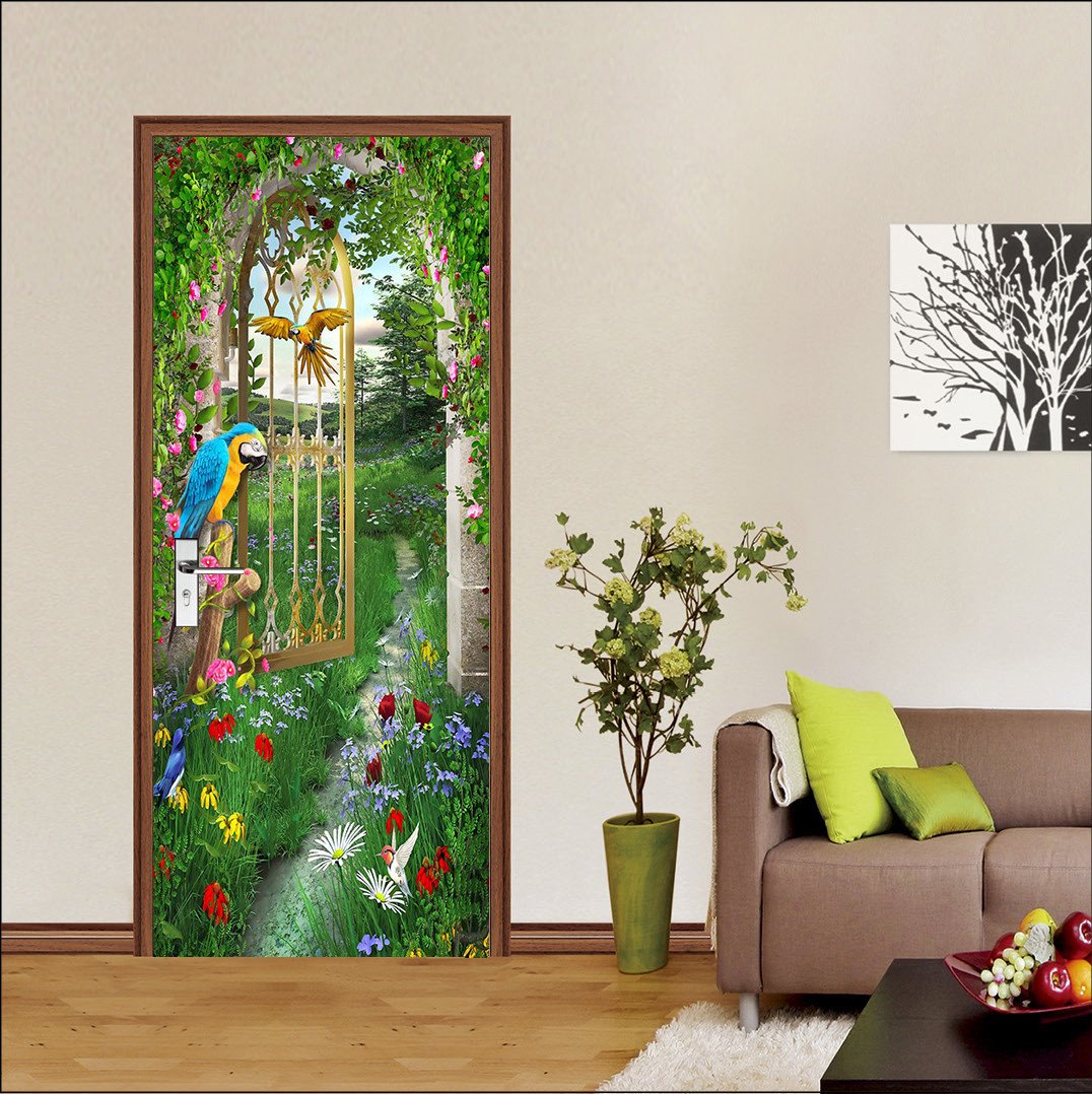 3D parrot flower painting door mural Wallpaper AJ Wallpaper