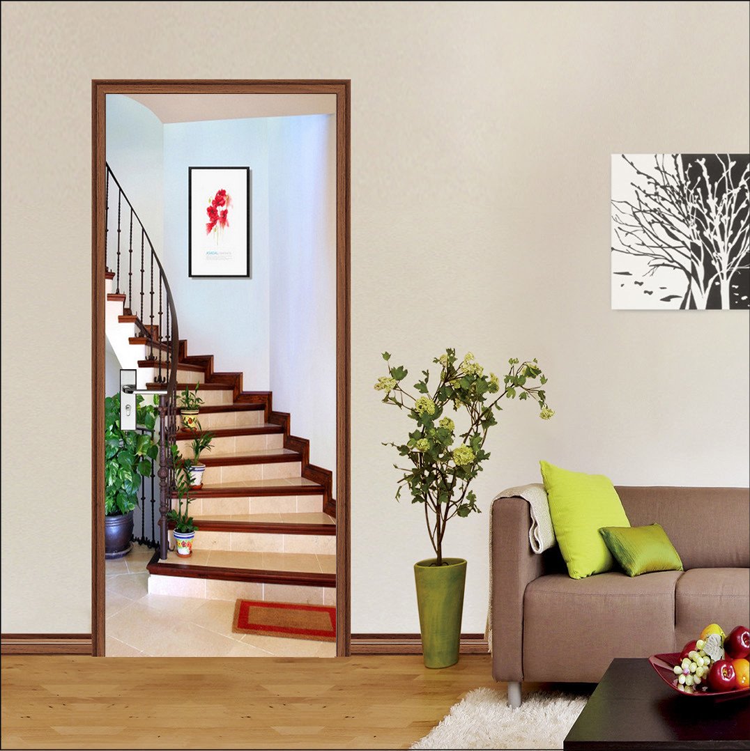 3D stairs flowerpot door mural Wallpaper AJ Wallpaper