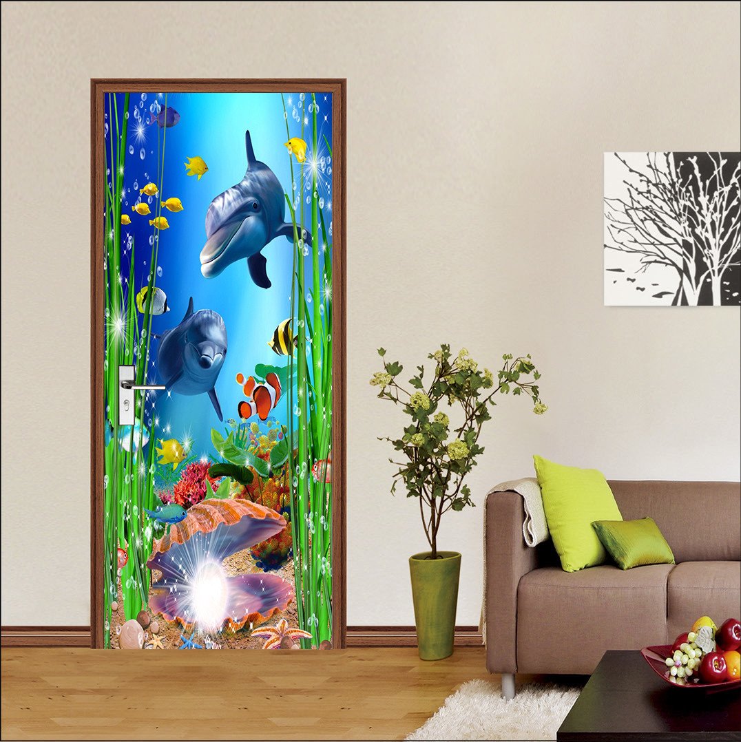 3D dolphin seaweed seabed door mural Wallpaper AJ Wallpaper