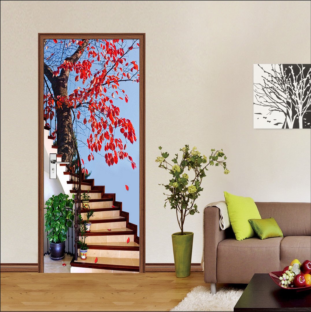 3D maple leaves stairs painting door mural Wallpaper AJ Wallpaper