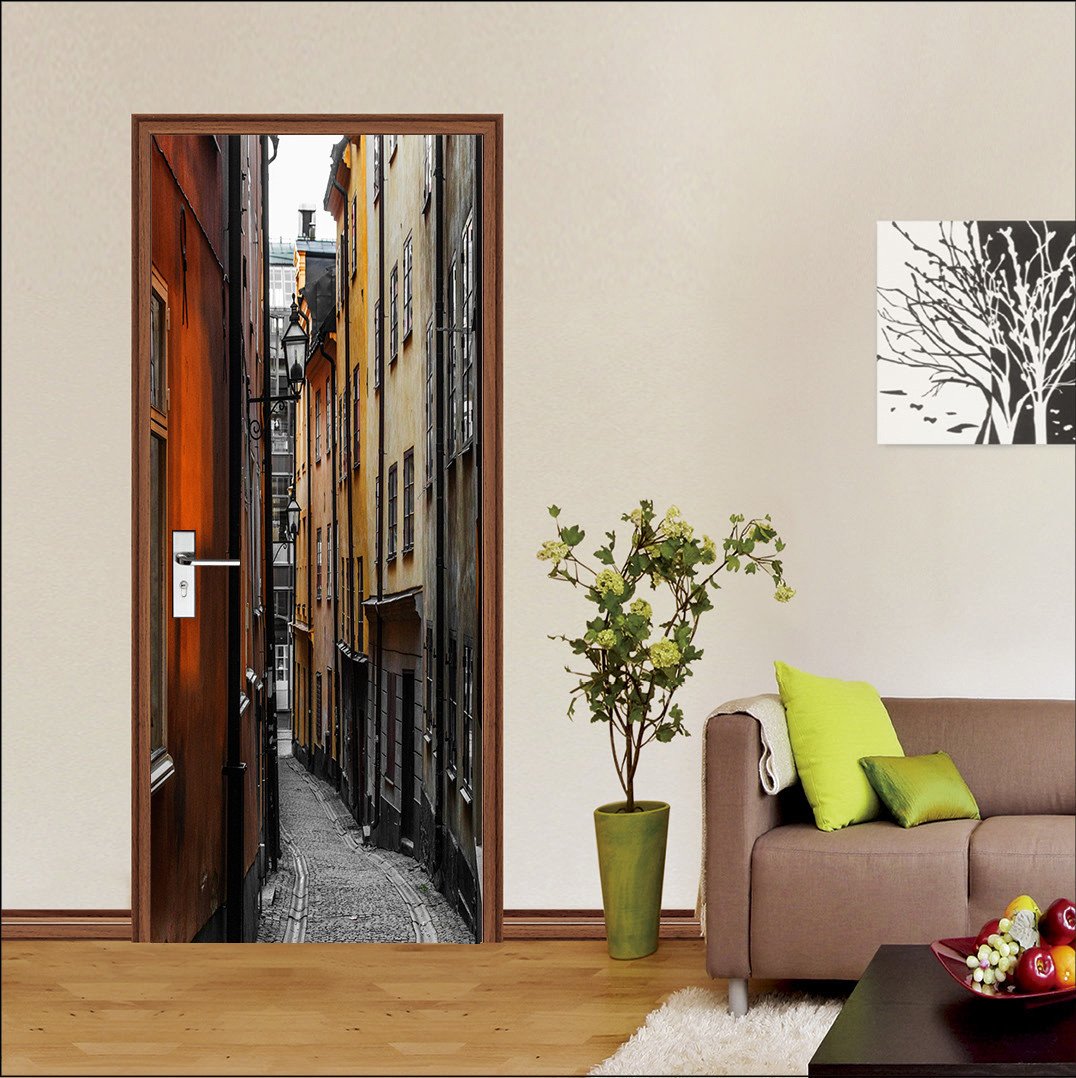 3D tall buildings street alley door mural Wallpaper AJ Wallpaper