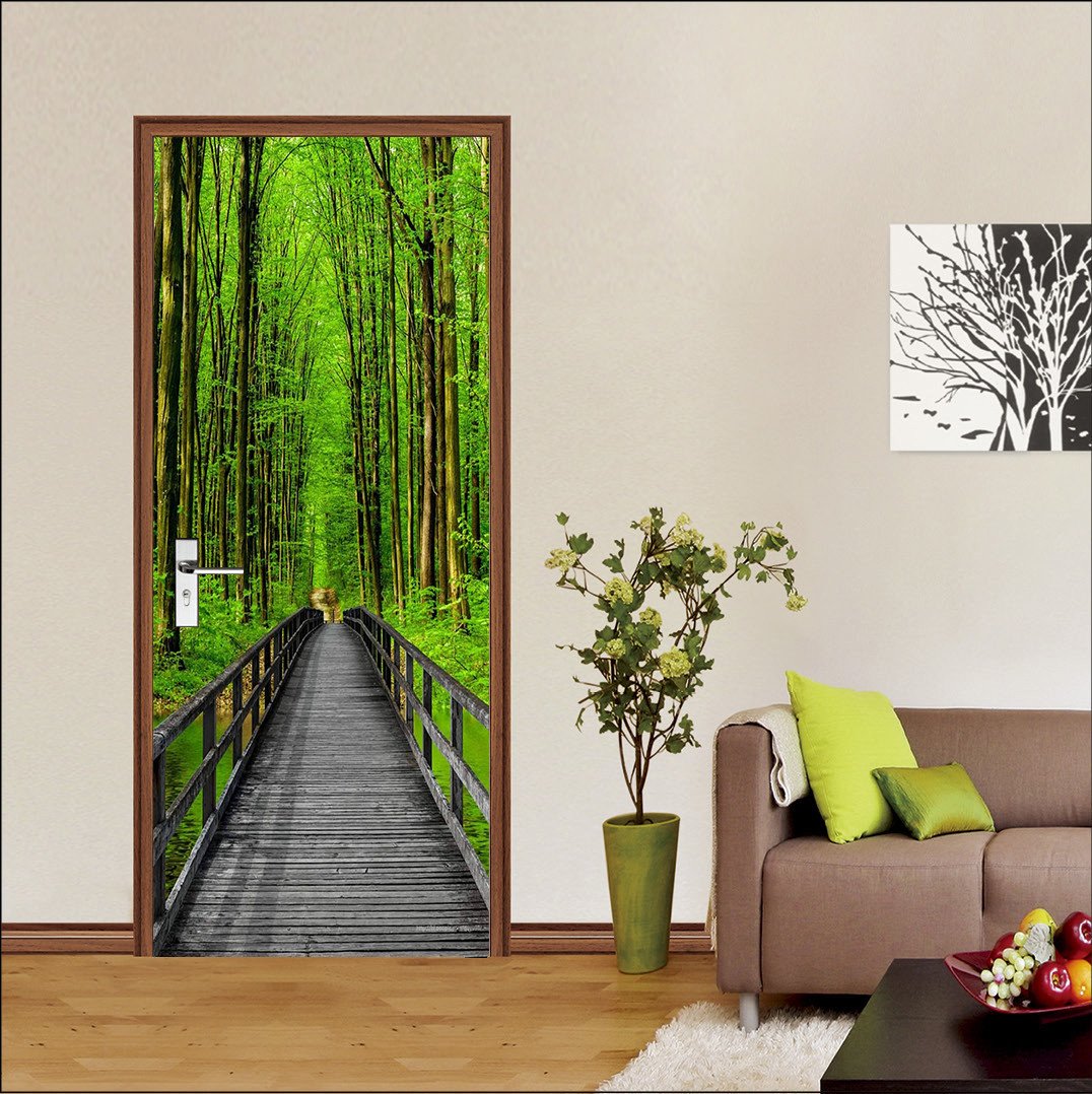 3D Tall tree bridge door mural Wallpaper AJ Wallpaper