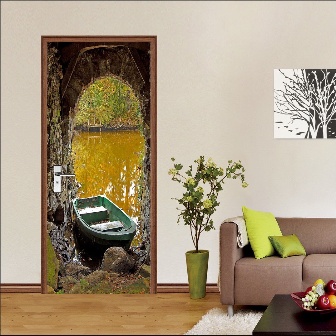 3D boats and lakes door mural Wallpaper AJ Wallpaper