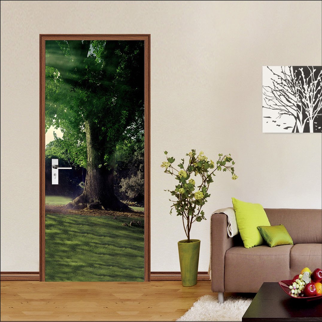 3D tree meadow green door mural Wallpaper AJ Wallpaper