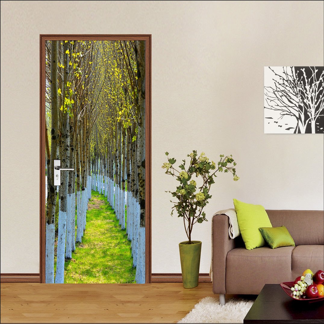 3D grassland field silver birch door mural Wallpaper AJ Wallpaper