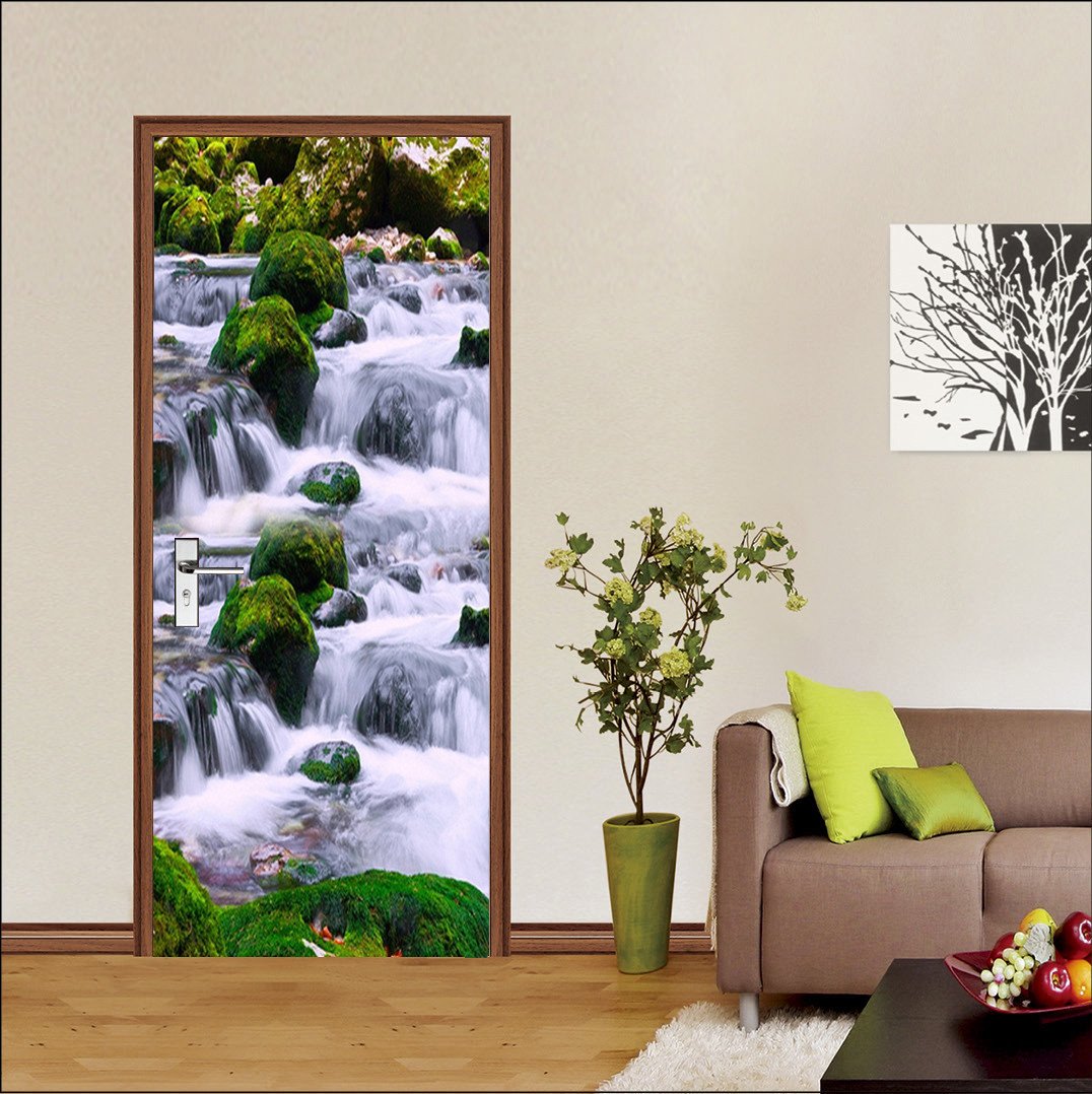 3D green stone falls door mural Wallpaper AJ Wallpaper