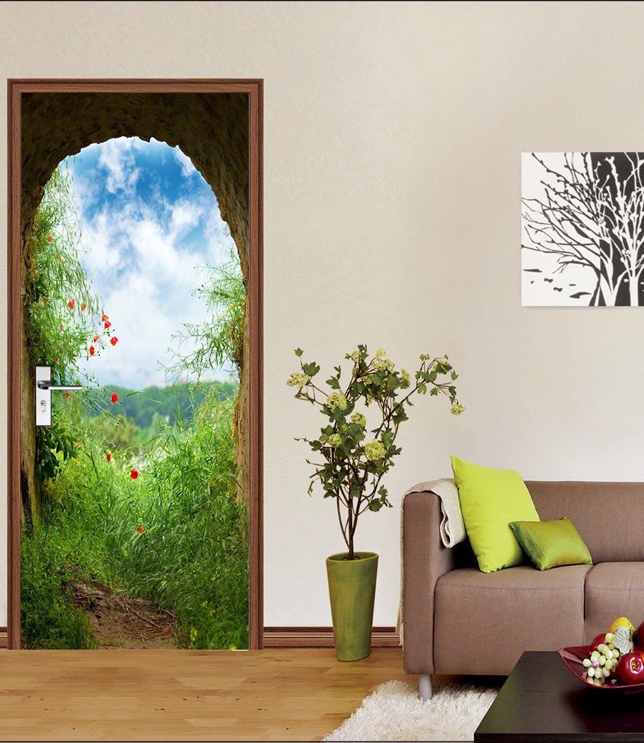 3D green gate door mural Wallpaper AJ Wallpaper