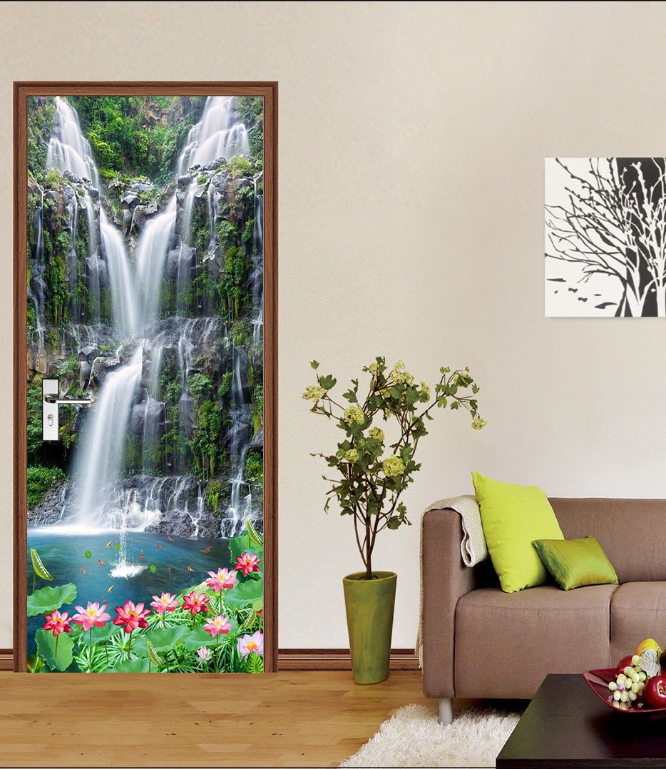 3D lotus waterfall door mural Wallpaper AJ Wallpaper
