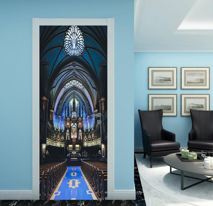3D blue carpet church bench painting door mural Wallpaper AJ Wallpaper
