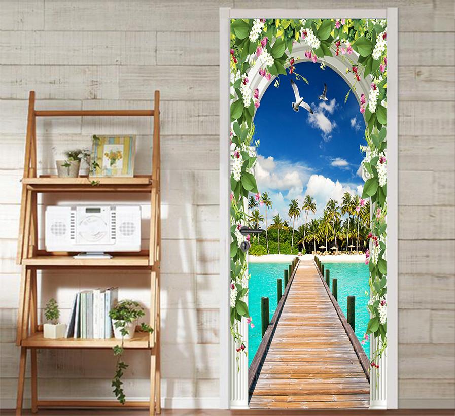 3D flowers arch sea wooden bridge door mural Wallpaper AJ Wallpaper