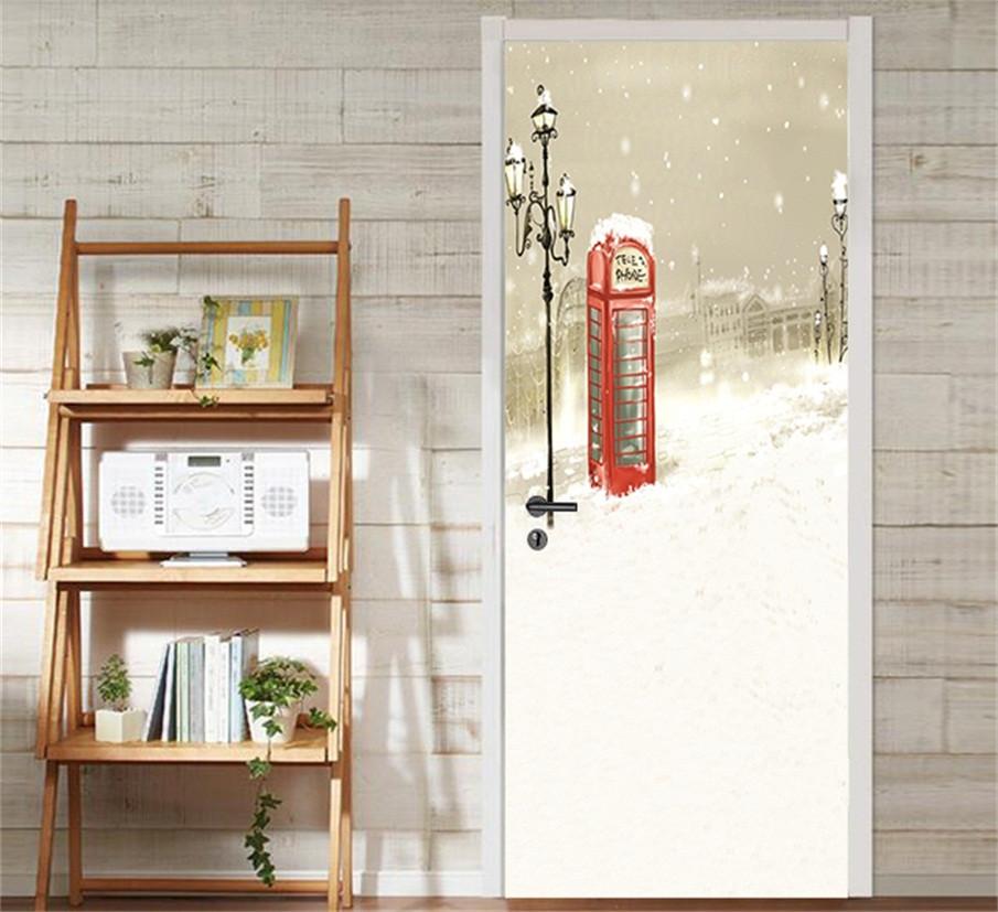 3D telephone booth in snow door mural Wallpaper AJ Wallpaper