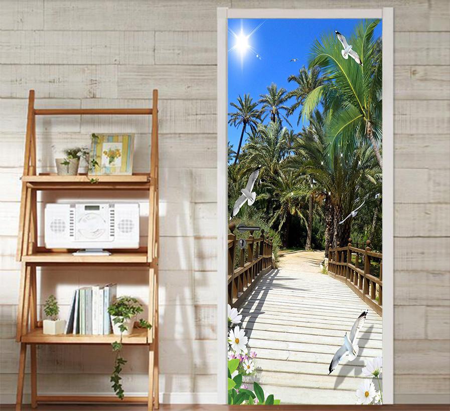 3D plank bridge seagull palm tree door mural Wallpaper AJ Wallpaper