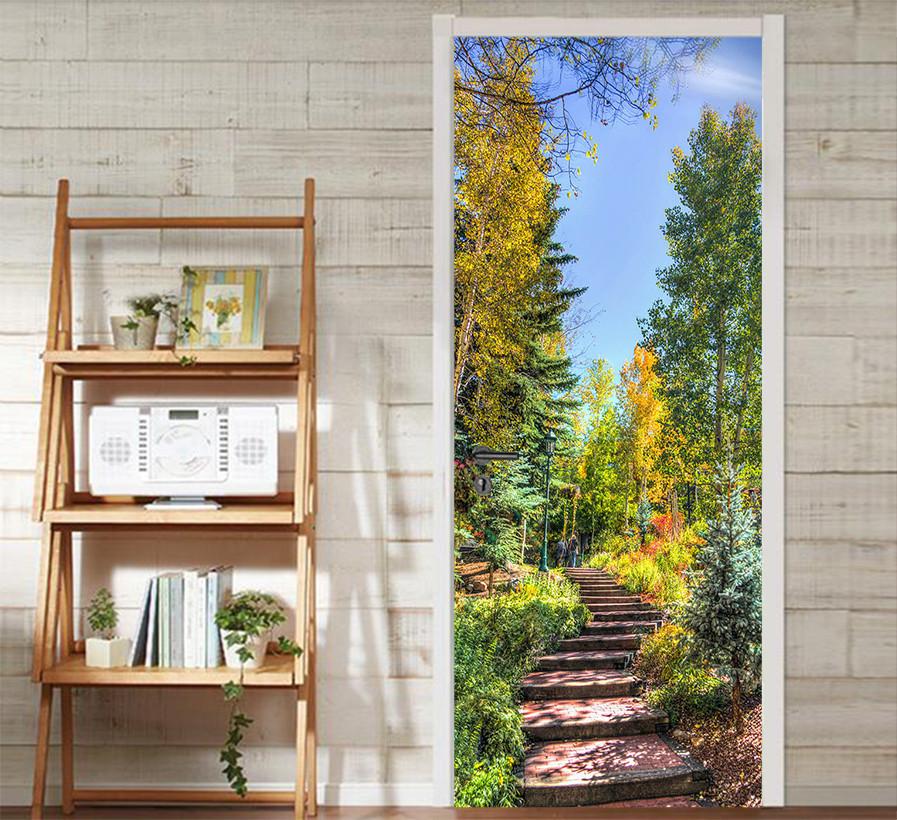 3D stone steps and green oil paintings door mural Wallpaper AJ Wallpaper