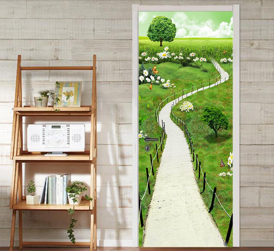 3D path flower and trees door mural Wallpaper AJ Wallpaper