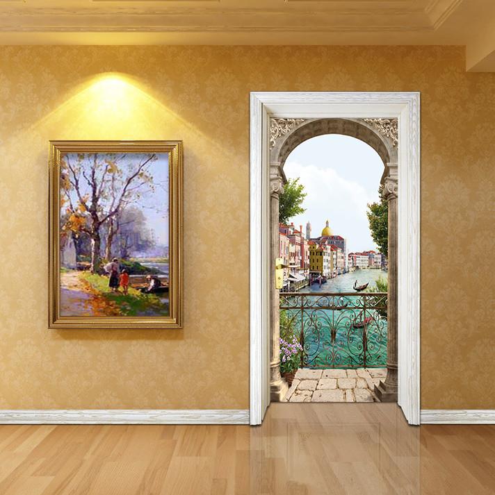 3D balcony Iron railing sea door mural Wallpaper AJ Wallpaper