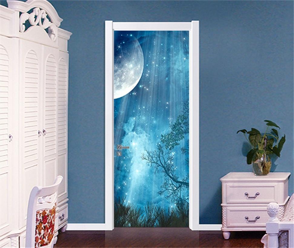3D blue starry night door mural Wallpaper AJ Wallpaper