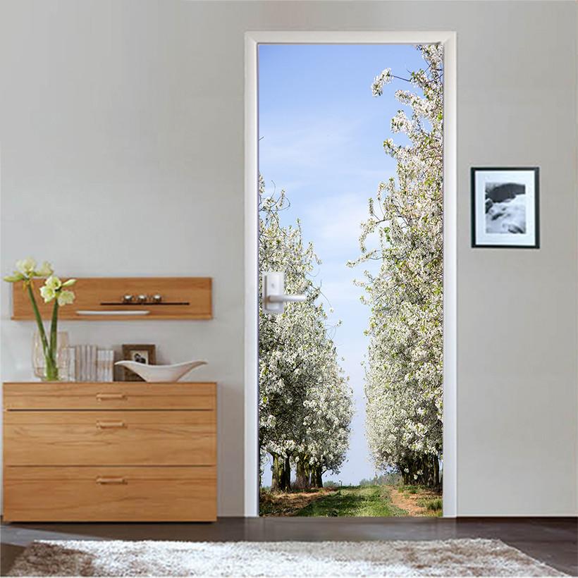 3D trees bloom in spring door mural Wallpaper AJ Wallpaper