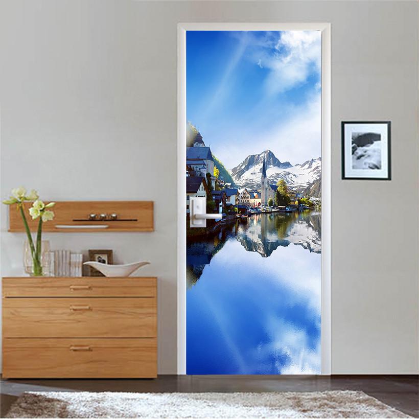 3D blue the river snow mountain housing door mural Wallpaper AJ Wallpaper