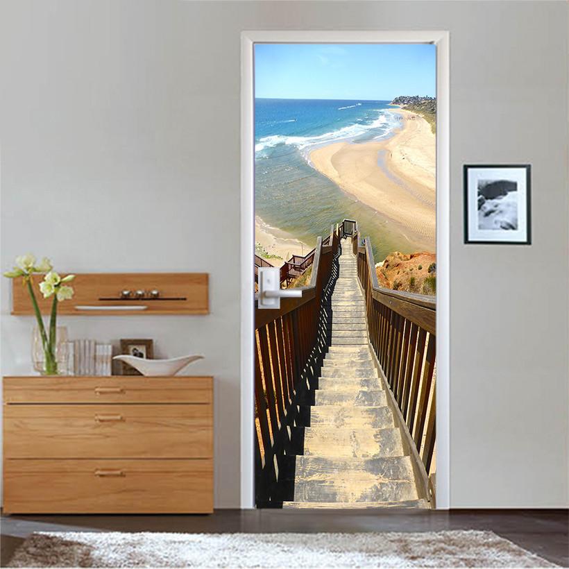 3D wooden stair sandy beach sea door mural Wallpaper AJ Wallpaper