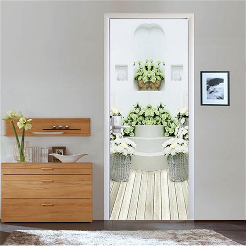 3D wooden floor flower flower blue door mural Wallpaper AJ Wallpaper