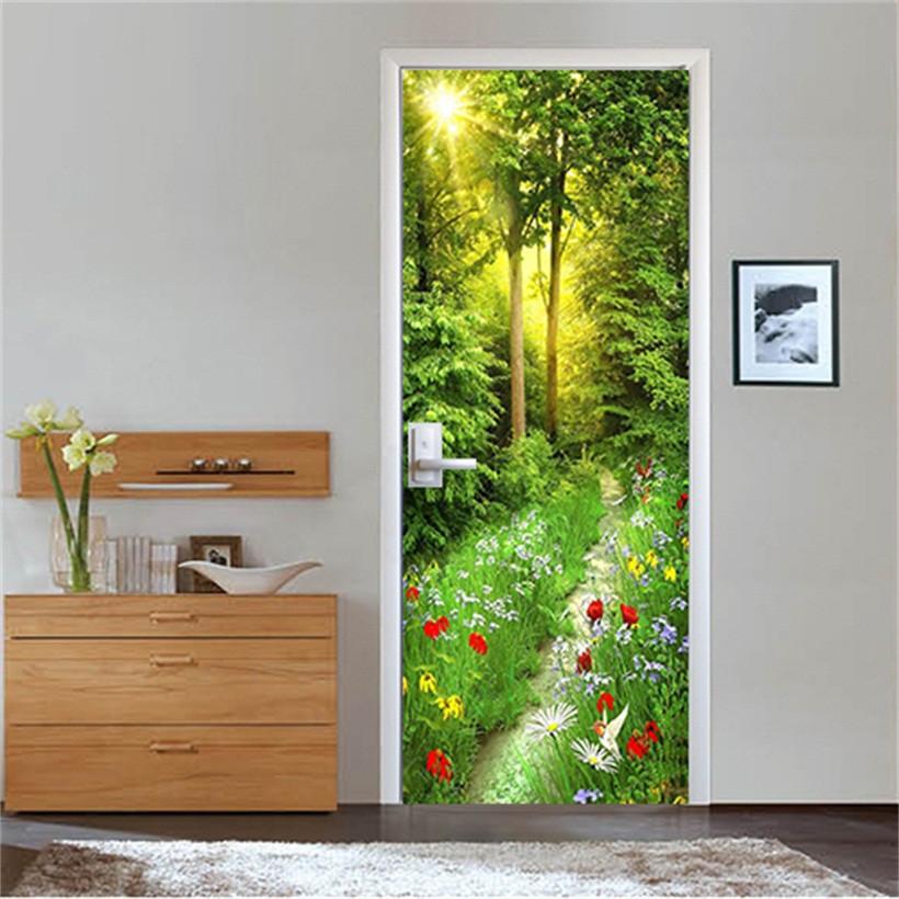 3D shade and flowers Road door mural Wallpaper AJ Wallpaper