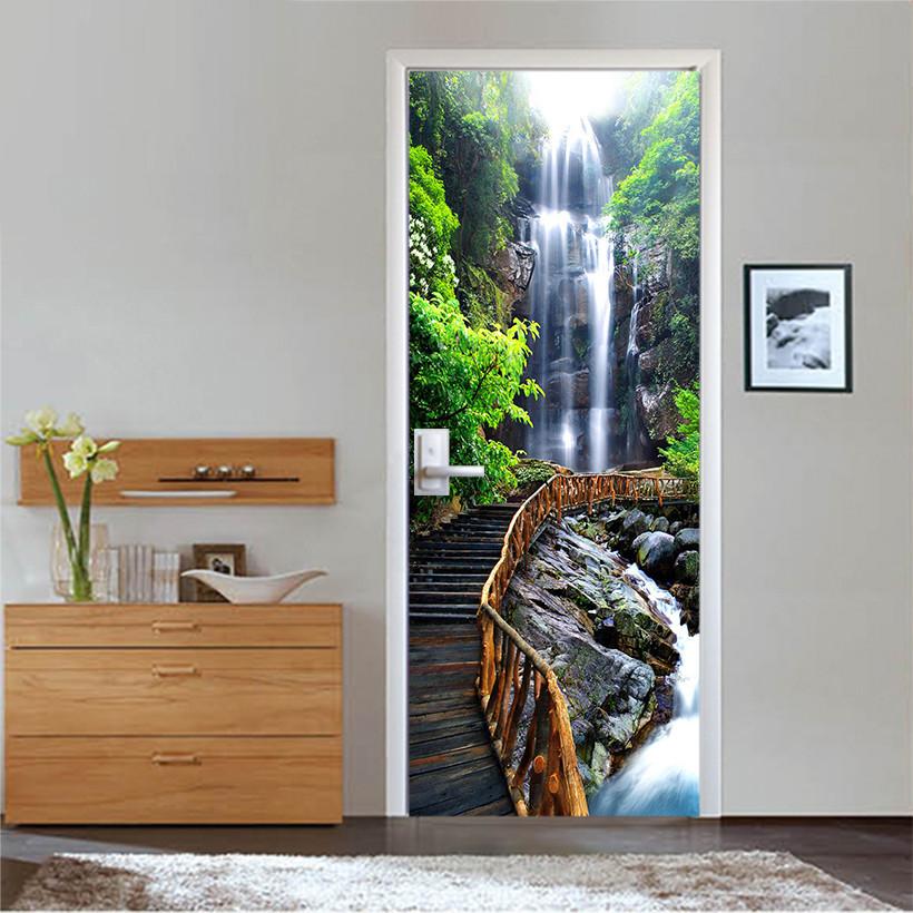 3D plank bridge under the waterfall door mural Wallpaper AJ Wallpaper