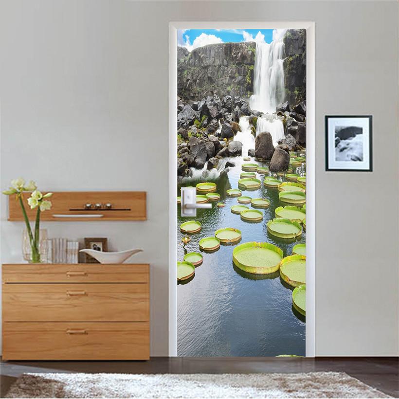 3D water in stone river Waterfall door mural Wallpaper AJ Wallpaper