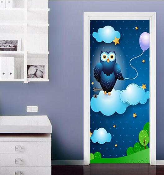 3D owl balloon a bank of clouds night door mural Wallpaper AJ Wallpaper