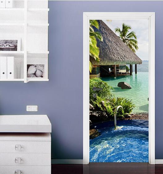 3D swimming pool house in the door mural Wallpaper AJ Wallpaper