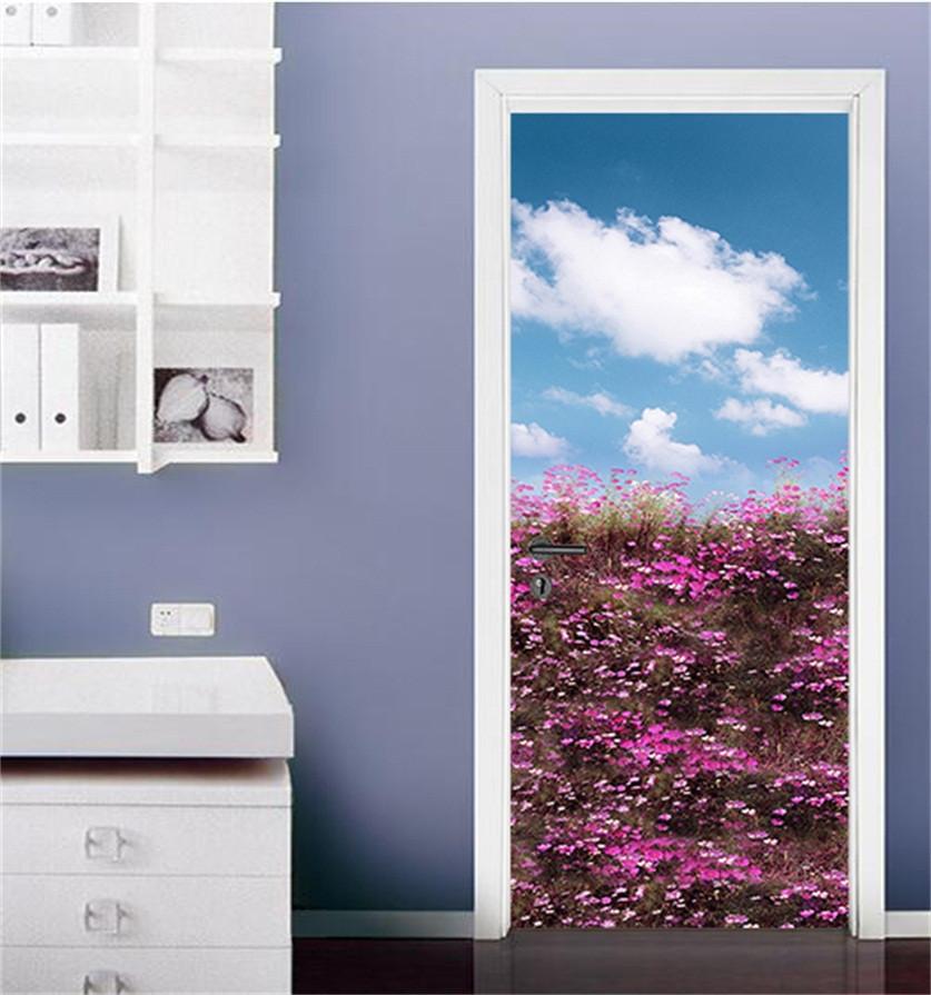 3D flower fields under the clouds door mural Wallpaper AJ Wallpaper