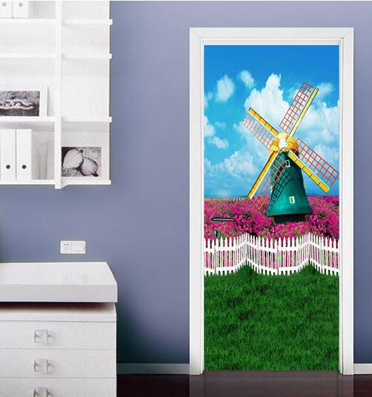 3D windmill flower grassland painting door mural Wallpaper AJ Wallpaper