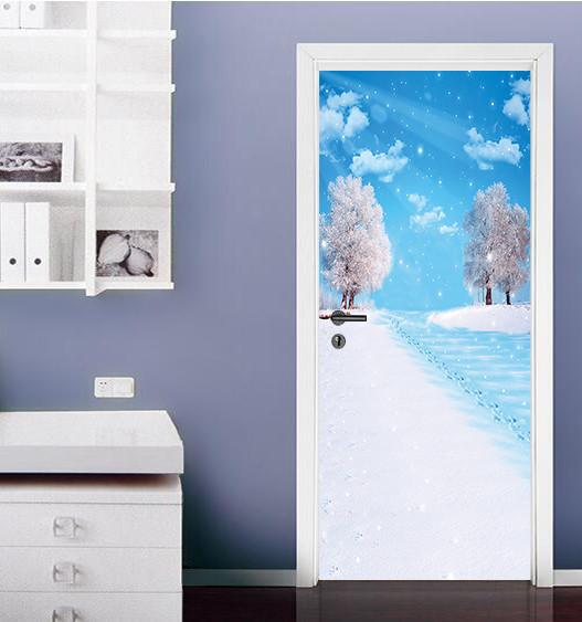 3D blue sky white clouds the snow tree door mural Wallpaper AJ Wallpaper