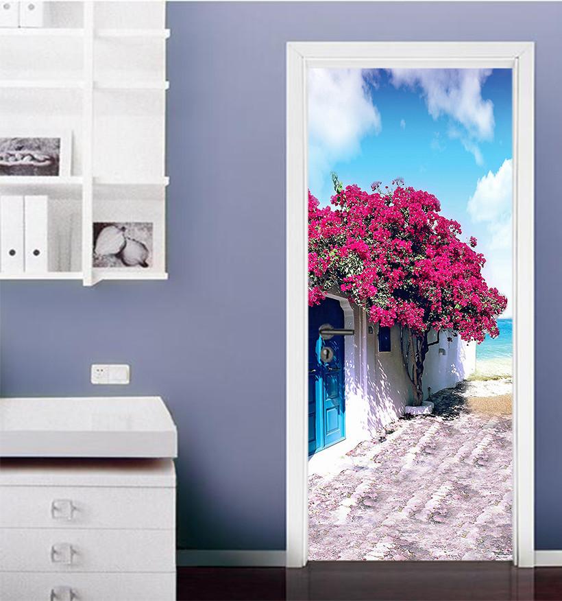 3D flowering trees and the sea door mural Wallpaper AJ Wallpaper