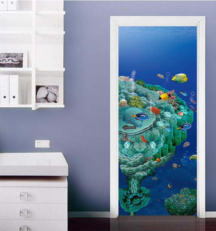 3D blue Sea Island door mural Wallpaper AJ Wallpaper