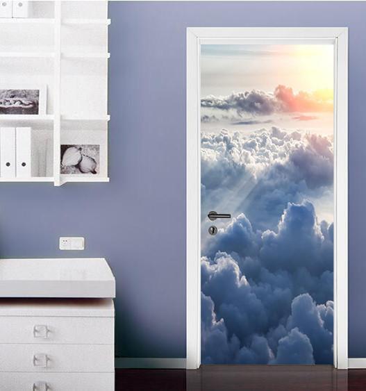 3d blue sky and white clouds sunrise door mural Wallpaper AJ Wallpaper