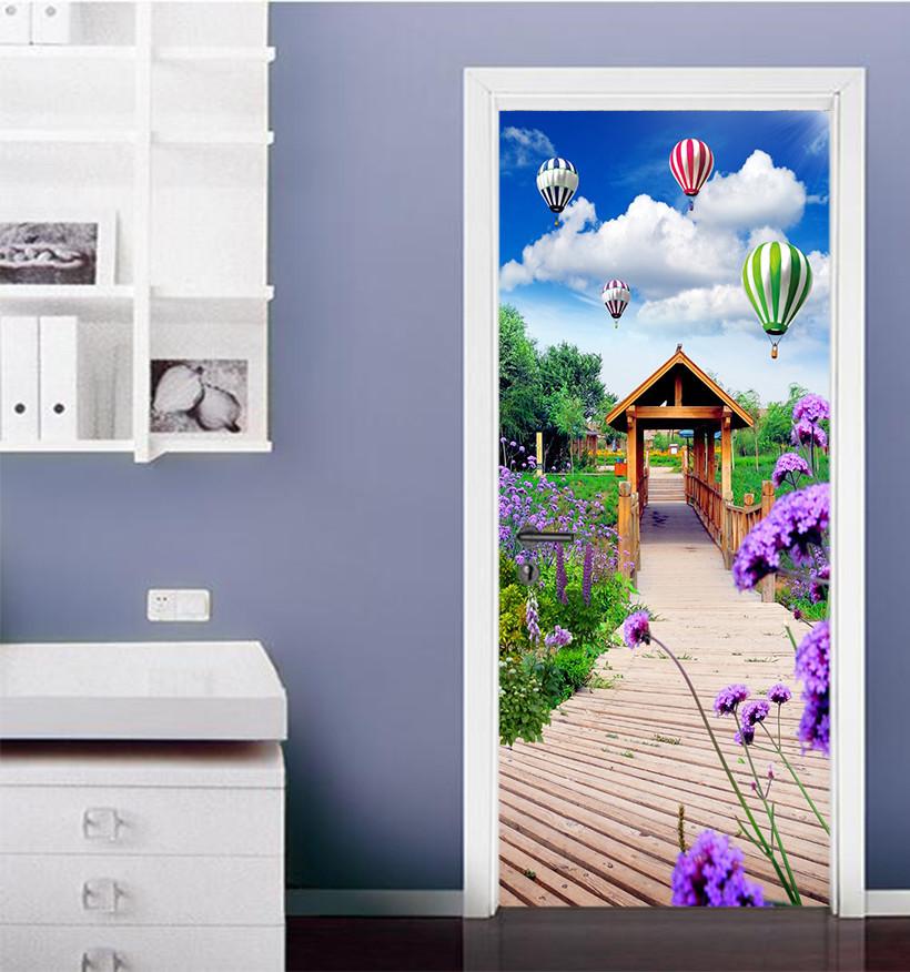 3D hot air balloon plank bridge door mural Wallpaper AJ Wallpaper