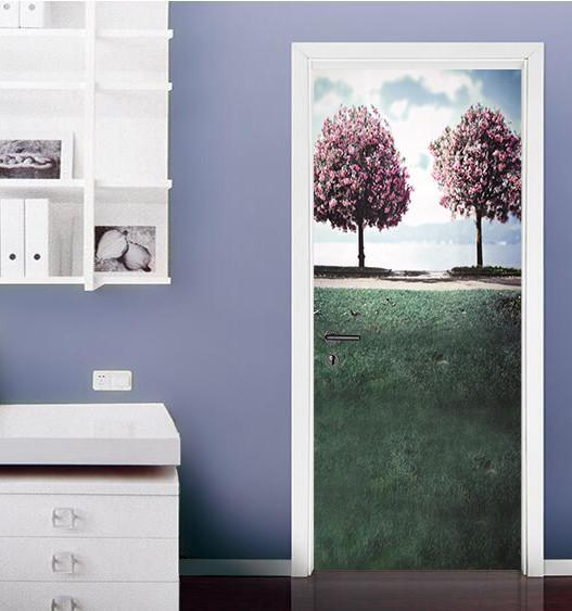 3D two flowering trees grassland door mural Wallpaper AJ Wallpaper