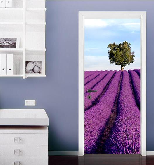 3D lavender field tree door mural Wallpaper AJ Wallpaper