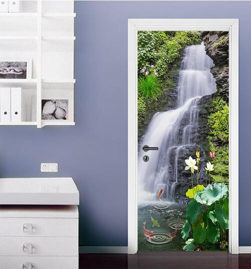 3D lotus carp Waterfall door mural Wallpaper AJ Wallpaper