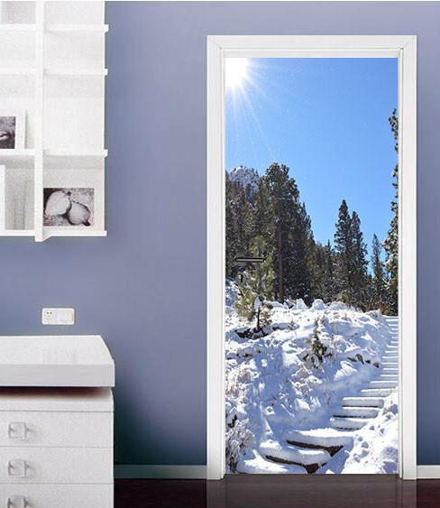 3D forest sunlight snow scene door mural Wallpaper AJ Wallpaper