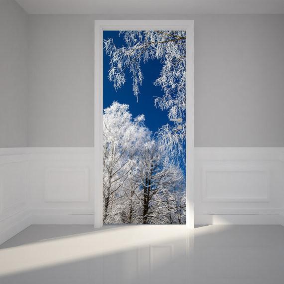 3D snow tree blue sky white clouds door mural Wallpaper AJ Wallpaper