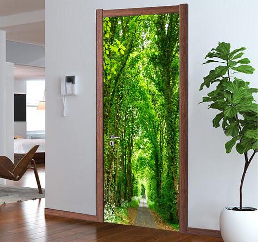3D tree green trees street door mural Wallpaper AJ Wallpaper