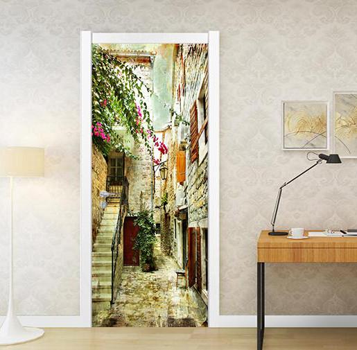 3D wall flower stairs street door mural Wallpaper AJ Wallpaper
