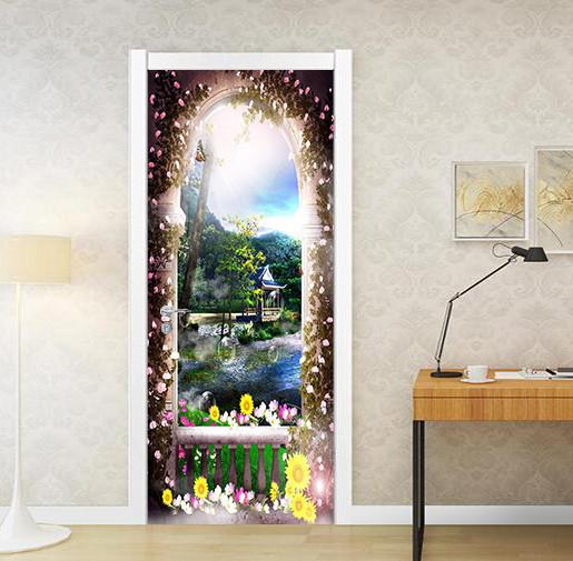 3D building sea flowe arch door mural Wallpaper AJ Wallpaper